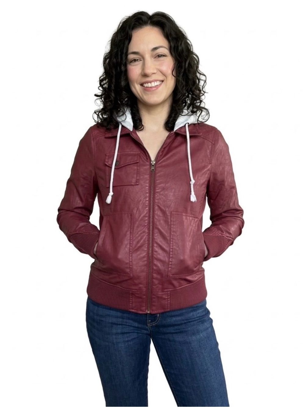 Volcom Burgundy Faux Leather Hooded Jacket Size XS